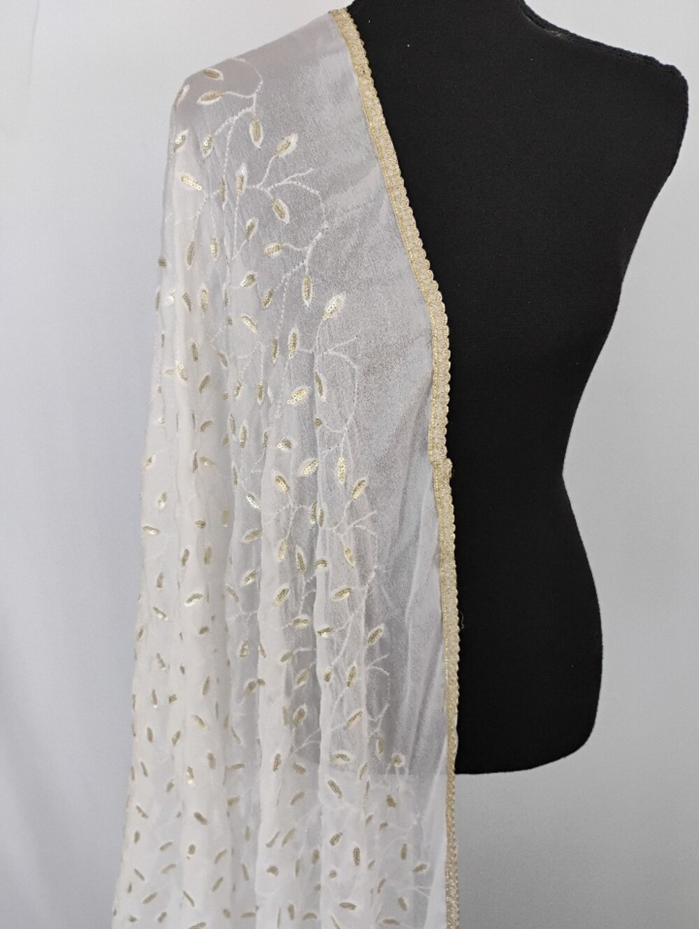 Women's White & Gold Embroidered Chiffon  Scarf / Dupatta